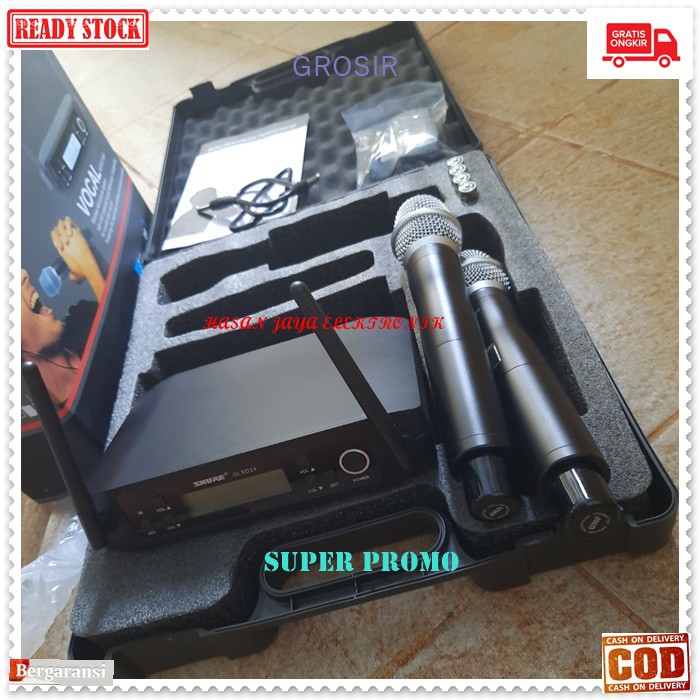 G459 Microphone UHF shure mic Wireless karaoke sepasang mik koper system wireles mikrophone dual pegang profesional pro suara audio sound sistem vokal vocal panggung  BISA SEGALA JENIS AUDIO SOUND  2PCS MIC WIRELESS  BATERAI AA  deskripsi *1 receiver LED