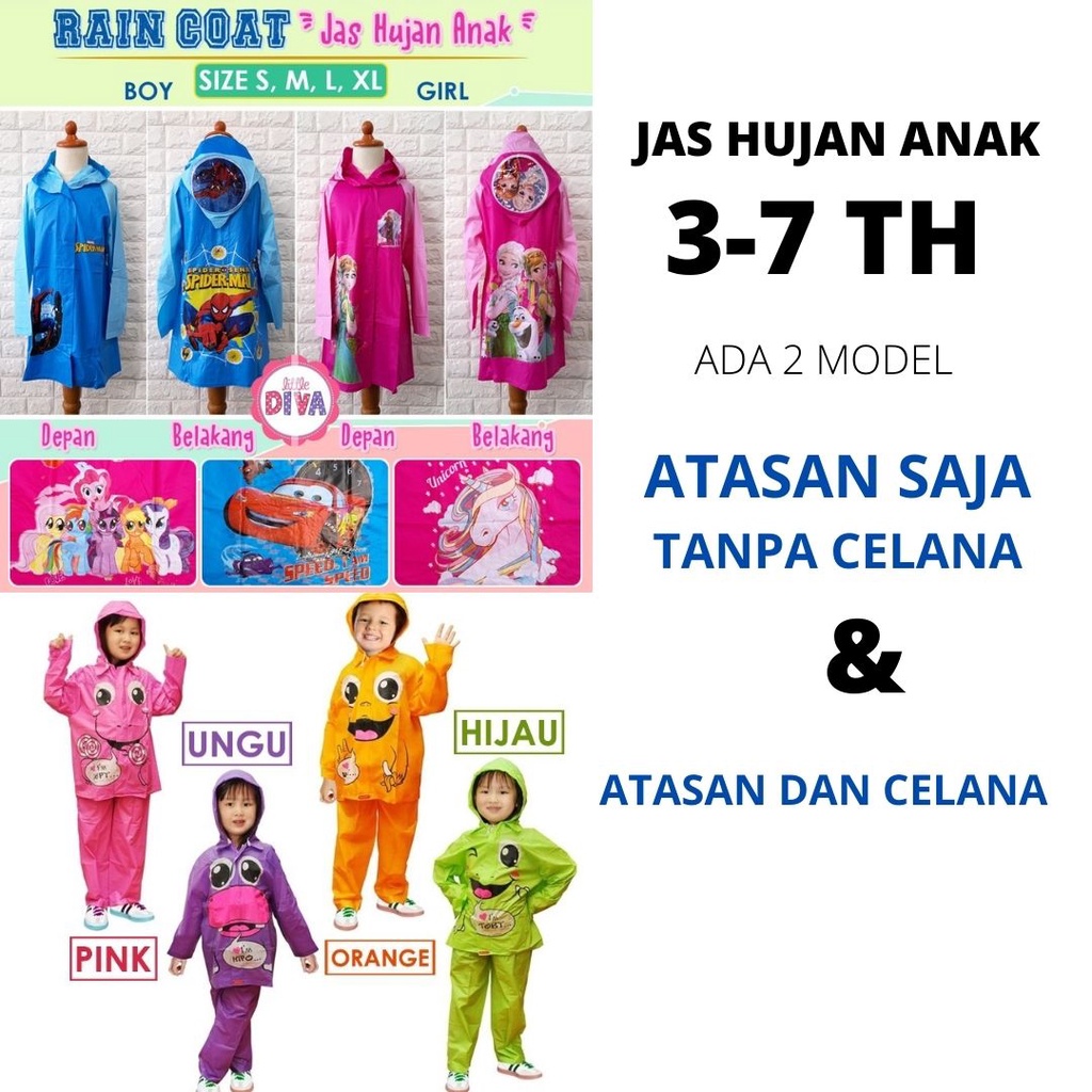 Boy Girl JAS HUJAN Impor Anak Cowok cewek Import Rain Coat motif frozen pony car spiderman unicorn KIDO