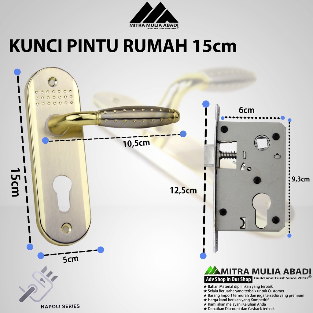 Kunci Pintu Rumah Gagang Bulat Kecil 15cm Napoli doorlock fullset