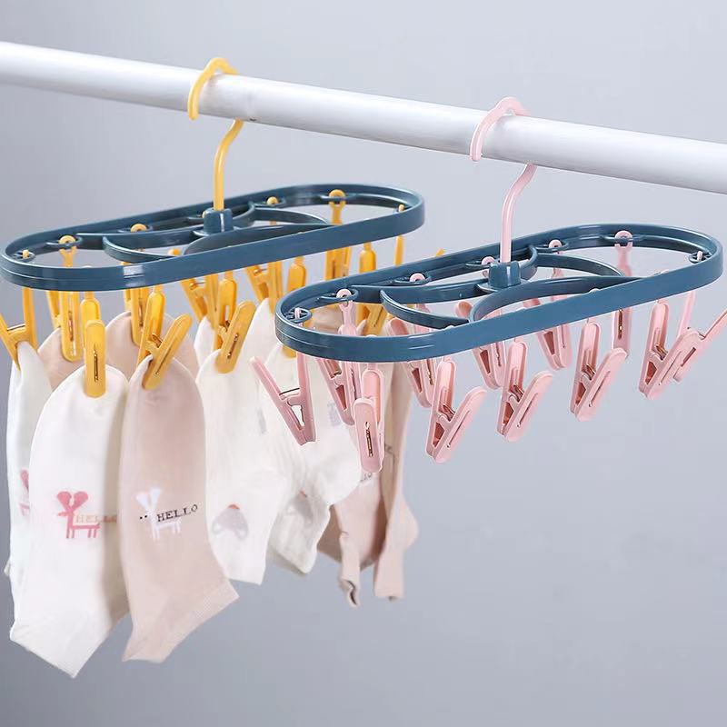 Jemuran Baju Hanger Traveling Lipat Dengan  12 Penjepit Kaos Kaki Pakaian Gantungan Hanger / jemuran + jepitan jemuran oval