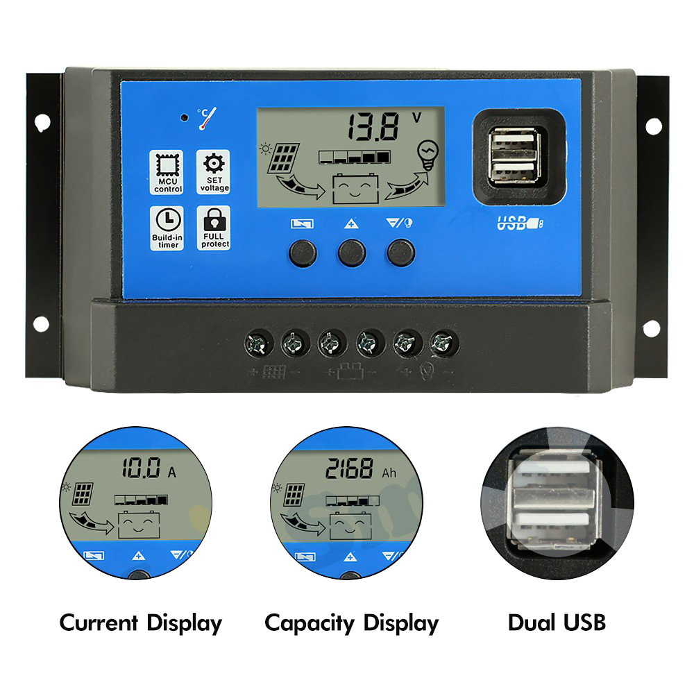 Solar Charge Controller LCD LED Display Cell PWM 12V/24V 10A 20A 30A 50A USB Panel Surya Charger