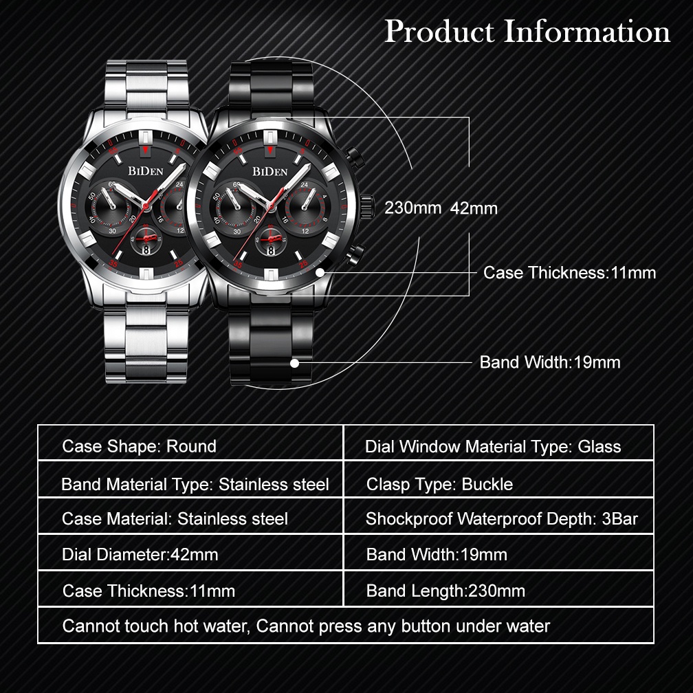 BIDEN Jam Tangan Pria Anti Air Mode Bisnis Jam Tangan Pria Original Suasana Dial Luminous Display Tali Stainless Steel Jam Tangan