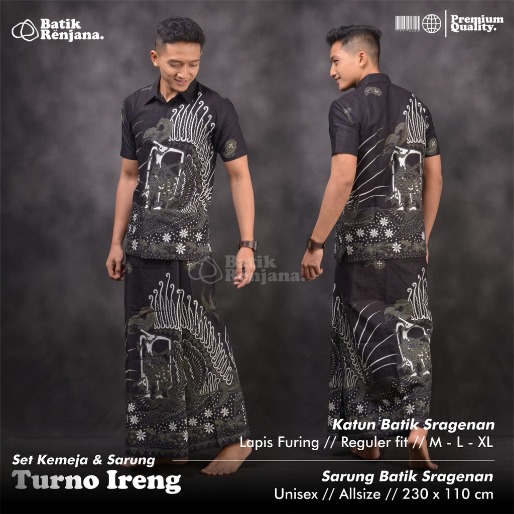 SARKEM TURNO IRENG Kemeja Baju dan Sarung Batik Pria Dewasa Premium Lebaran Asli Solo RENJANA