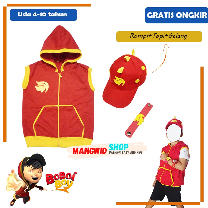 BAJU SETELAN KOSTUM JAKET ROMPI + TOPI + GELANG BOY BOBOIBOY API ANAK LAKI LAKI UMUR 4 / 5 / 6 / 7 /