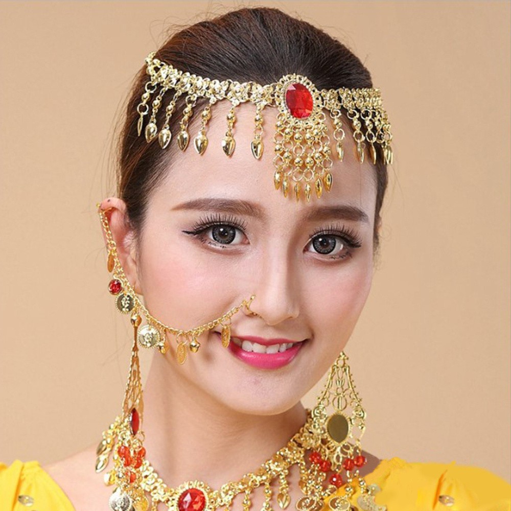 Indian Belly Dance Nose Rings And Studs Ear Chain Women Gold Earrings Nose Necklace Hoop Show Earing Body Jewellery