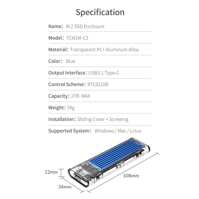 ORICO M.2 NVME M.2 SATA SSD Enclosure Dual Protocol - TCM2M-C3 ORIGINAL