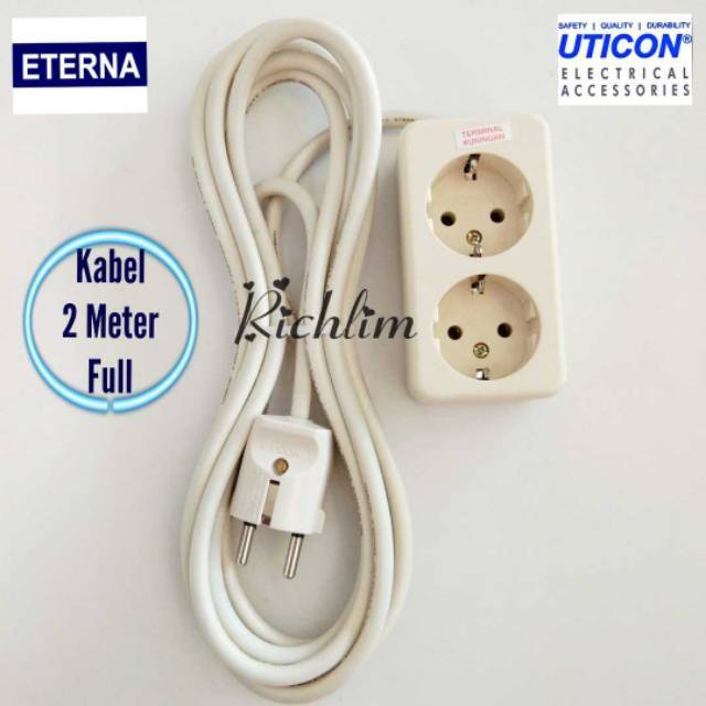 COLOKAN LISTRIK/STOP KONTAK UTICON 2 LUBANG+2 METER KABEL TEMBAGA ETERNA+STEKER ARDE UTICON