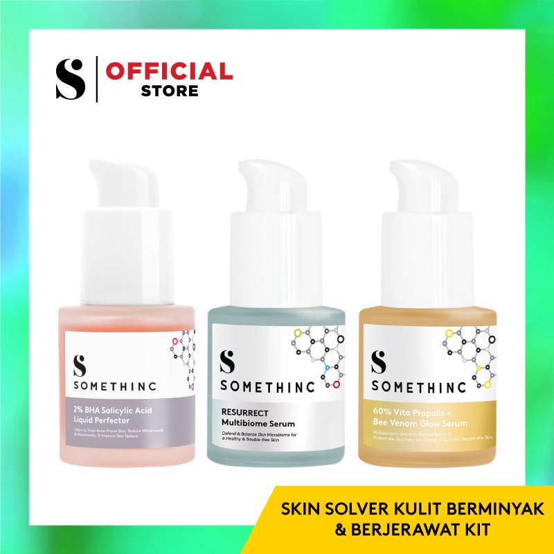 SOMETHINC SKIN SOLVER Kulit Berminyak dan Berjerawat Bundle (- 2% BHA Salicylic Acid Liquid Perfector 20 ml - Ressurect Multibiome Serum 20 ml - 60% Vita Propolis Bee Venom Glow Serum 20 ml)