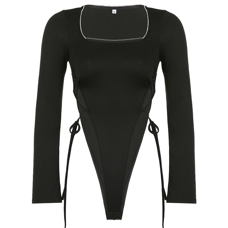 impor BIIKPIIK Eropa dan Amerika kerah persegi hitam lengan panjang top wanita strappy sexy waistles