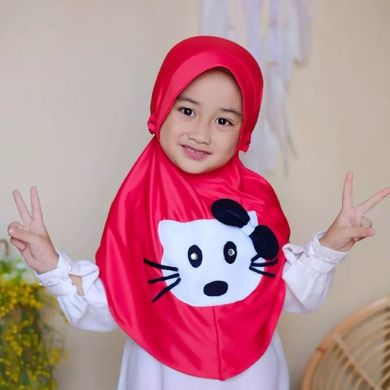 kerudung Sherly Motif Kucing anak instant Premium 3th - 6 tahun terbaru | jilbab lucu bayi Perempuan sekolah tk 4 - 5 thn | hijab Tanggung baby sd bahan jersey lembut adem