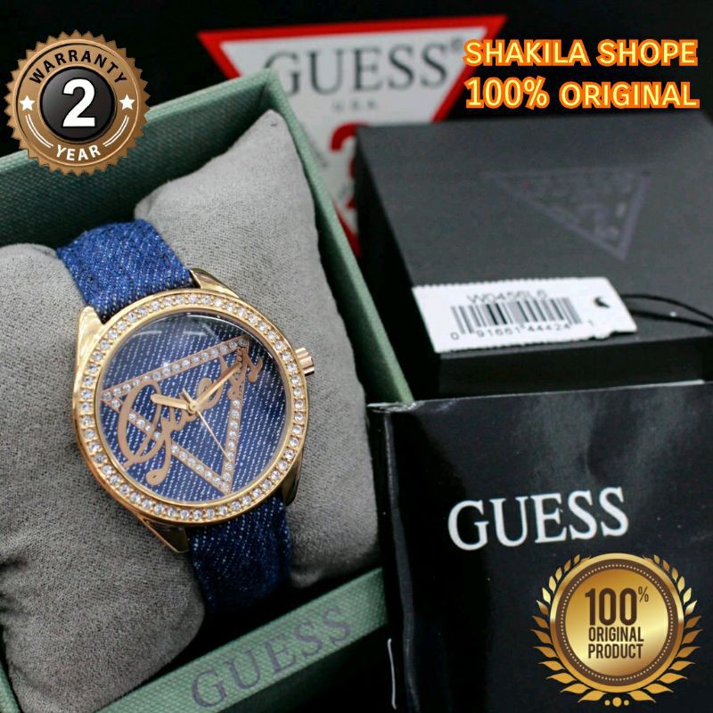 Jam Tangan Wanita Guess Original W0456L6 Stran Kulit Canvas Fashion Formal Casual Fullset Box