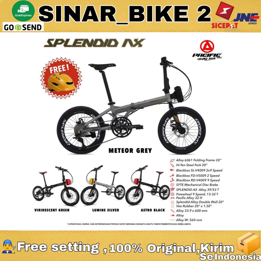 epeda Lipat 16 Inch PACIFIC SPLENDID AX Frame Alloy 9 Speed Rem Cakram Bonus Helm