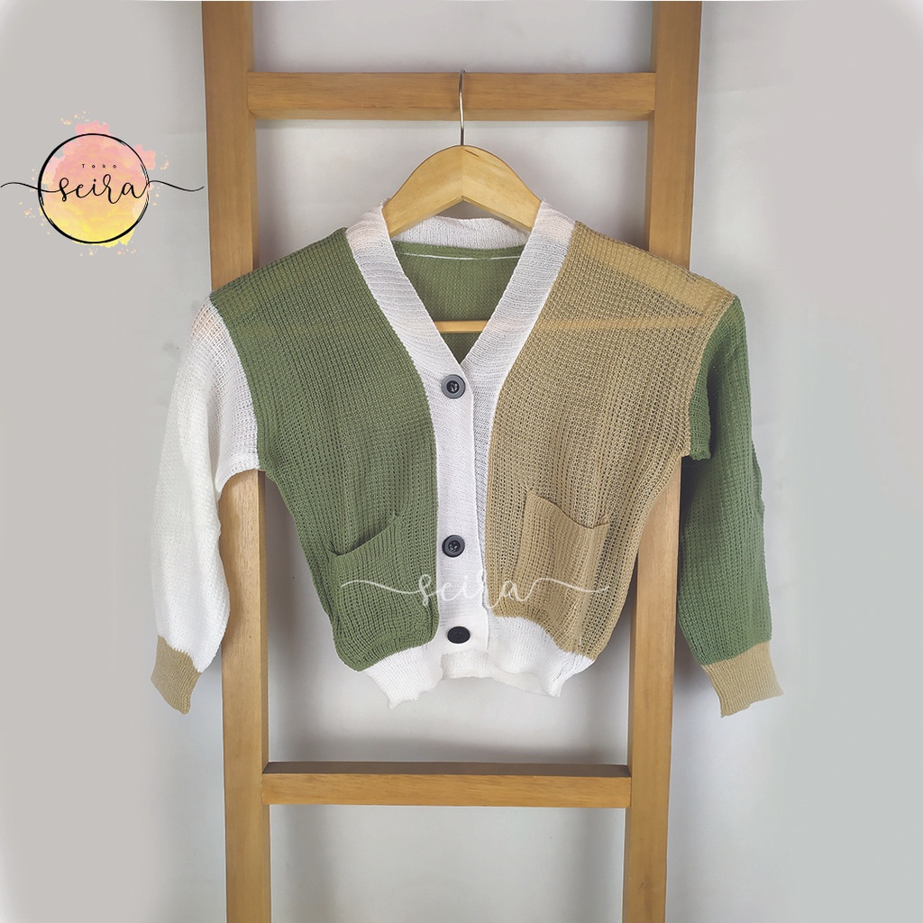 [BISA COD] Olivia Cardy Crop Pocket Anak / Kardigan Rajut Anak / Helena Cardigan Rajut Anak Kombinasi 3 Tone / Nakara Combinasi