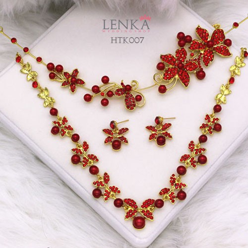 Paket Tiara Kalung Anting Pesta Crystal Merah Aksesoris Wedding Modern Lenka - HTK007