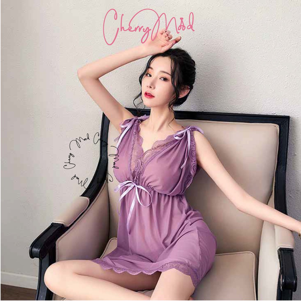 CAMELLIA Lingerie Sexy V-Neck Renda Pita 2 Style Baju Wanita Jumbo Transparant Fashion Import Baju Dinas Depan Suami Sleepwear G-string Termurah Baju Malam Pertama Terbaru Pakaian Dalaman Wanita-Ungu