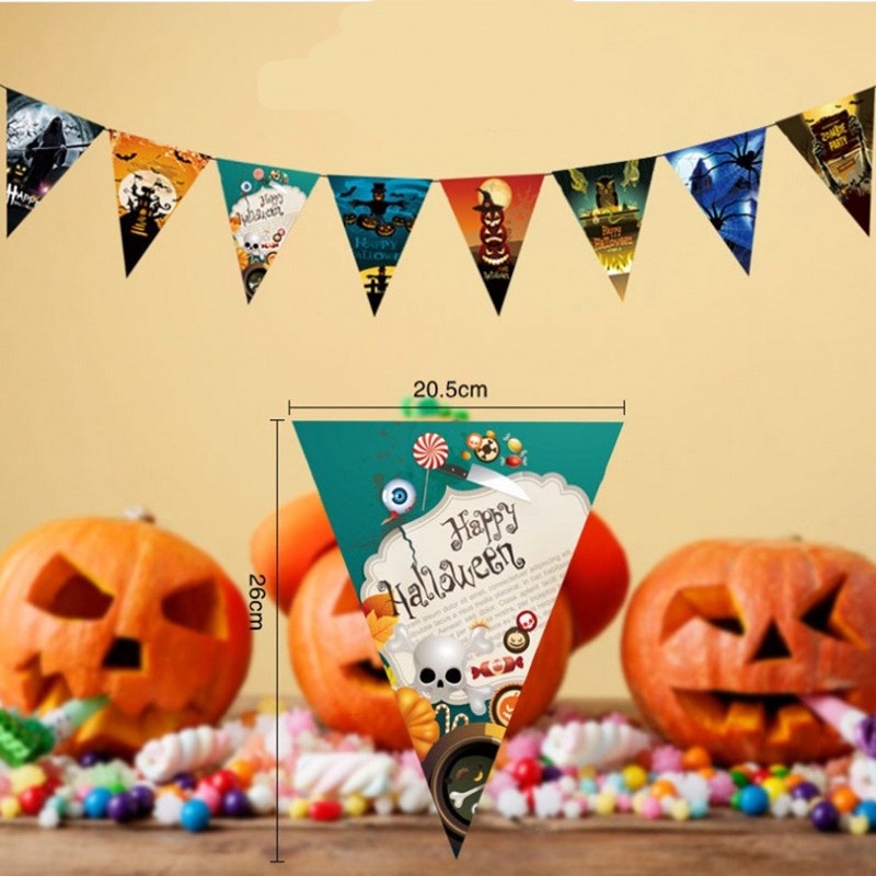 Banner Bunting Flag Desain Boneka Labu Vampire Happy Halloween Bahan Kertas Ukuran 3M Untuk Pesta Natal