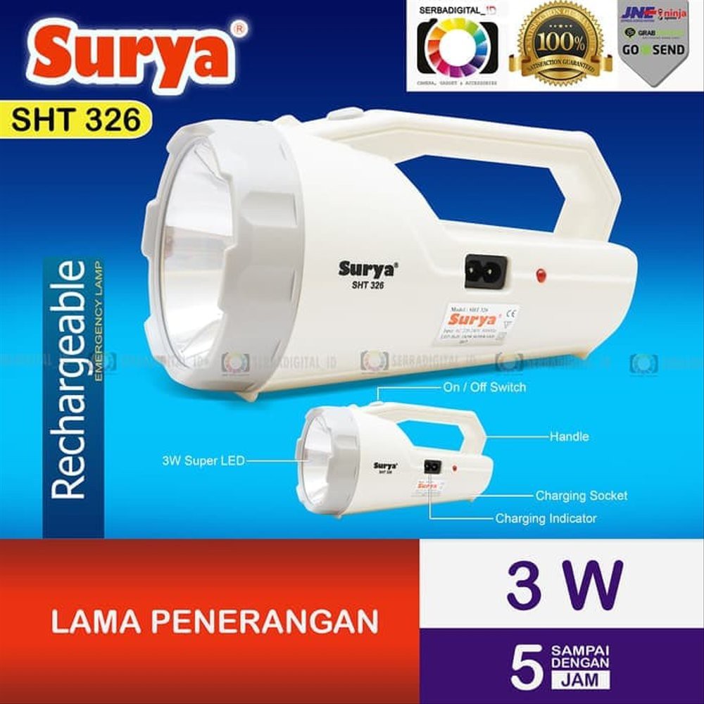 Surya Senter Led Lampu Emergency SHT 326 White Senter Led Super Terang LED 3W Rechargeable 5 Hour