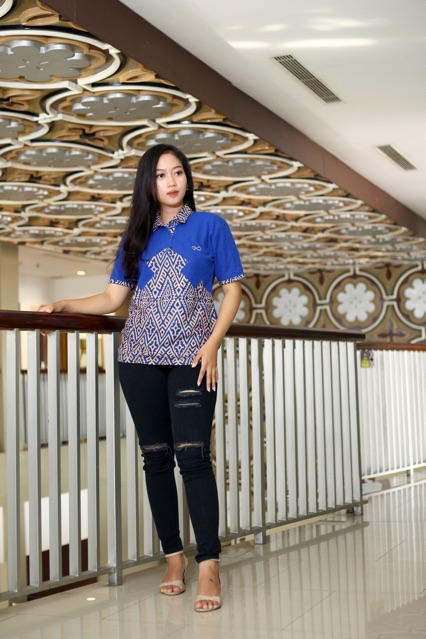 Loyal Kaos Polo Batik Biru Modern Wanita M L XL XXL