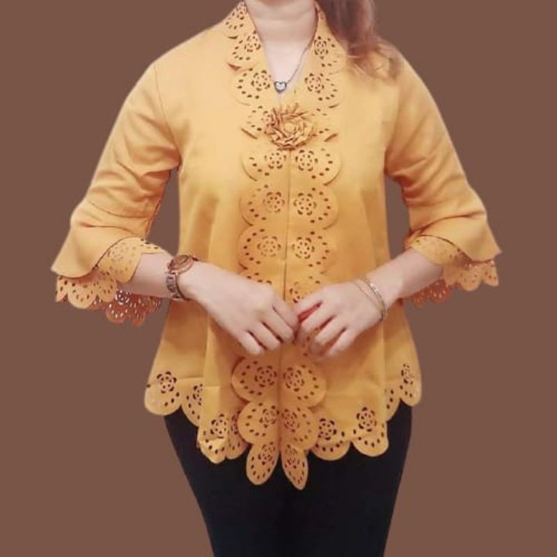 Promo Blouse Kebaya Encim Senada Modern Katun Laser Import-Mustard