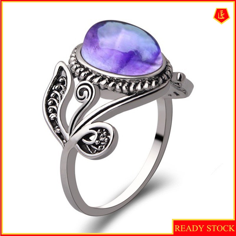 [Ready Stock]Retro Amethyst Ring Silver Diamond Elegant Niche Design