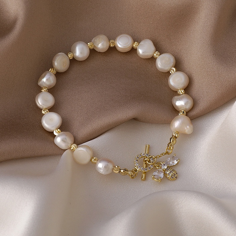 XiaoboACC Korean Fashion Freshwater Pearl Zircon Bee Pendant Bracelet