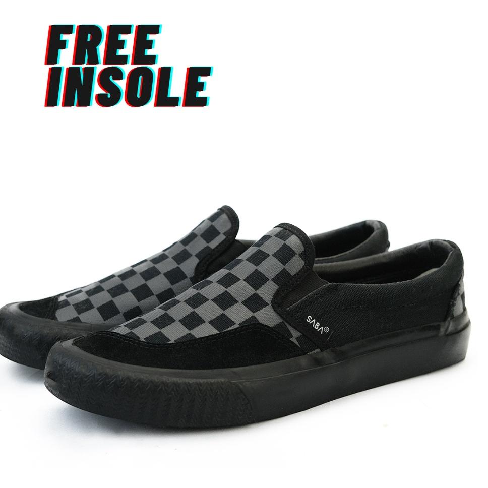 SDD.919667– SABA Emo Slip On Checkerboard All Black - Sepatu Sneakers Casual+Free Insole