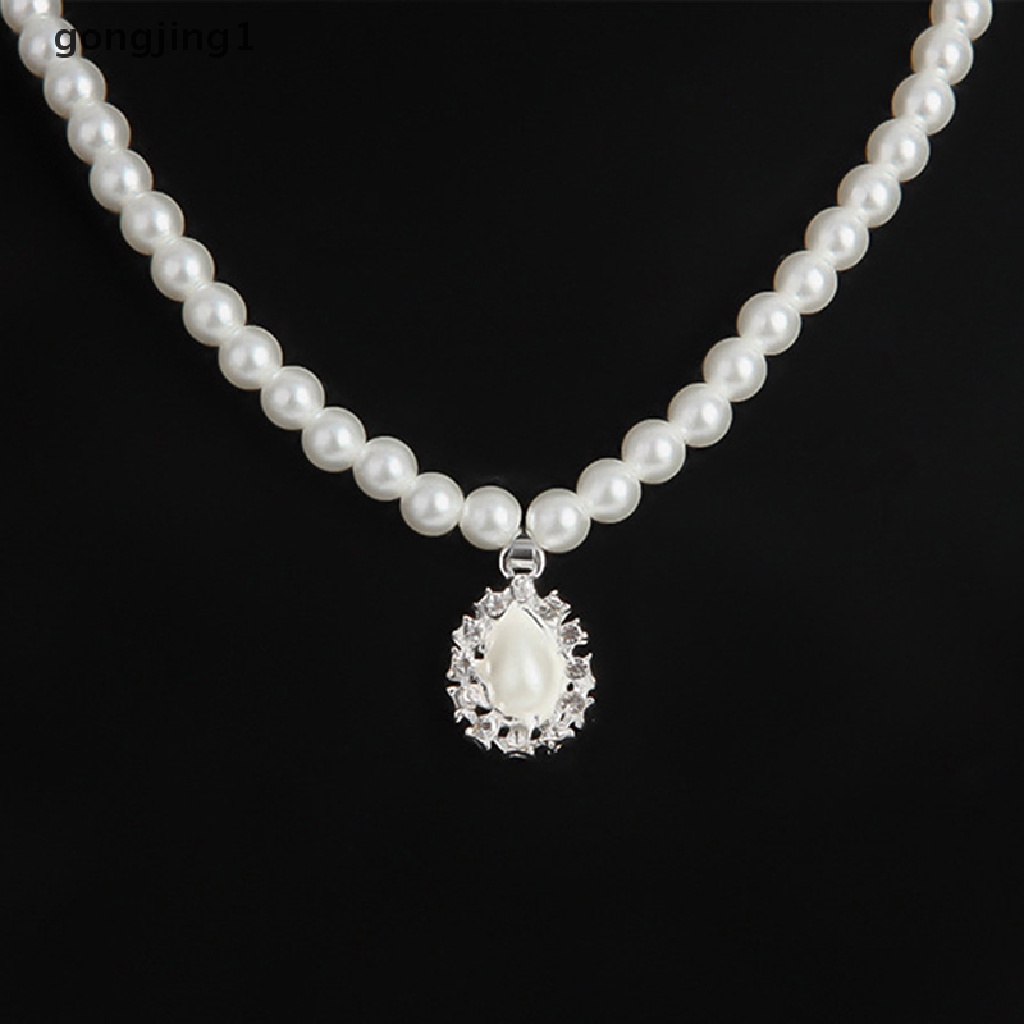 Set Perhiasan Kalung Rantai Anting Mutiara Kristal Drop Elegan Untuk Pesta Pernikahan