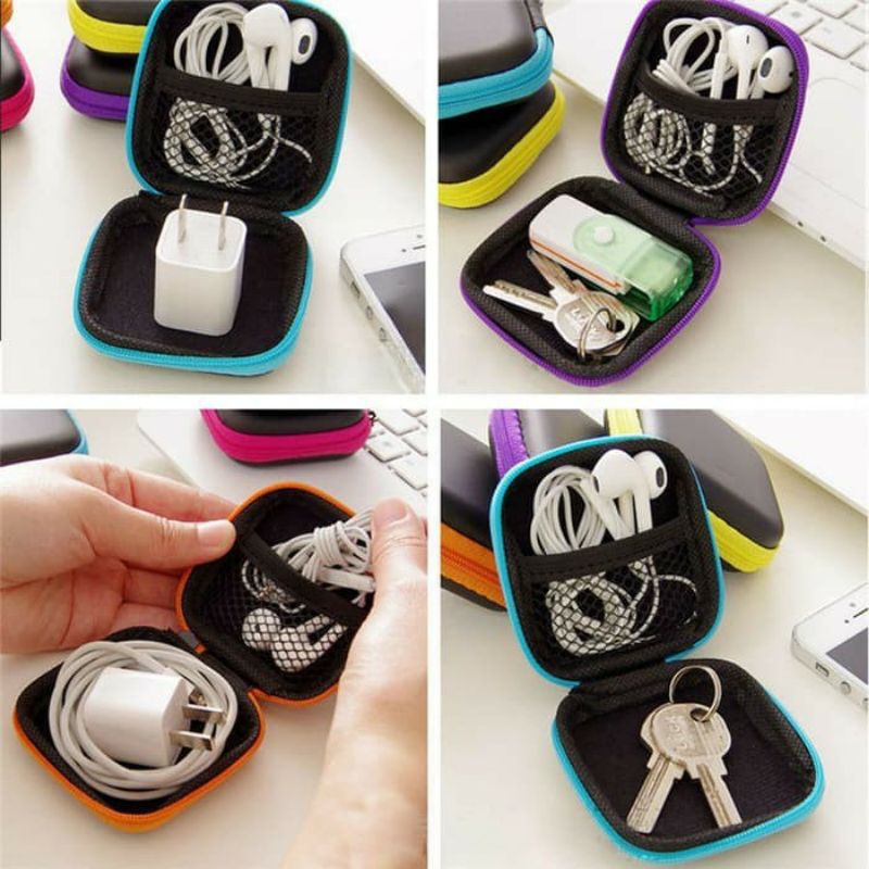 Travel Pouch Dompet Persegi Case Organizer Tempat Headset Koin Kunci Kotak Penyimpanan Charger Mini