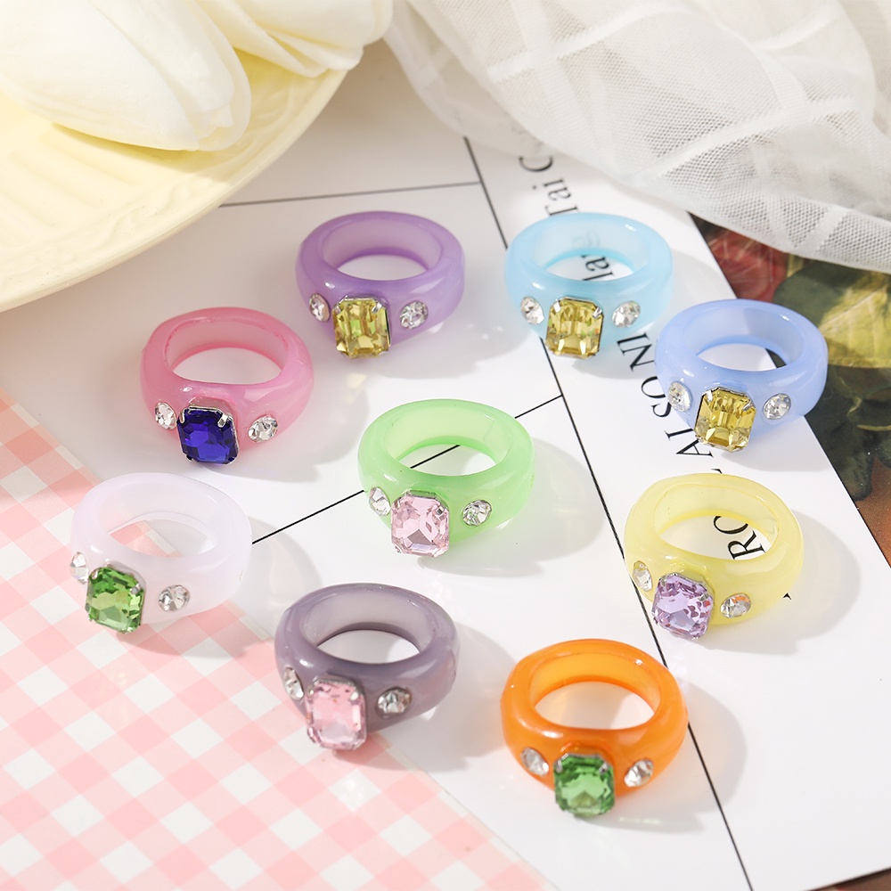 YEEZII Korean Retro Colourful Resin Acrylic Rhinestone Geometric Rings Women Jewelry Gifts