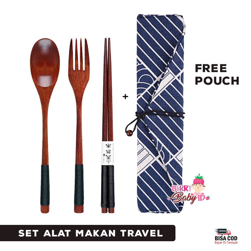 Berry Mart Travel Set 3-in-1 Sendok Garpu Sumpit Style Jepang Bamboo Free Pouch Berry Mart