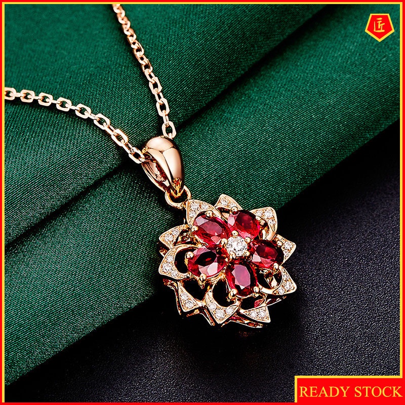 [Ready Stock]Silver Necklace Female Polygonal Ruby Pendant 18K Rose Gold Fashion