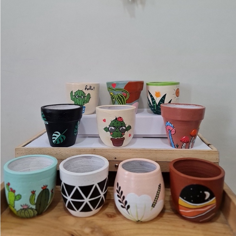 Pot Lukis Diameter 10 cm l Pot Lukis Gerabah l Vas Tanah Liat l Cover Pot Gerabah Sukulen l Pot Bung