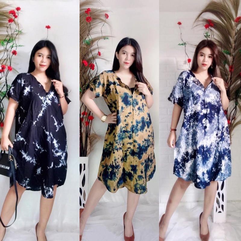 Sweet Honey ~ Dress Daster Bali Payung Busui Vega Mega Motif Tiedye Bunga Abstrak Resleting Depan