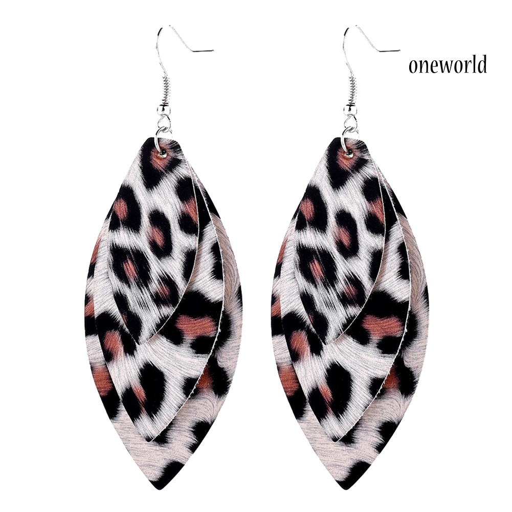 OW@ Women Leopard Triple Layer Leaf Shape Faux Leather Long Dangle Hook Earrings