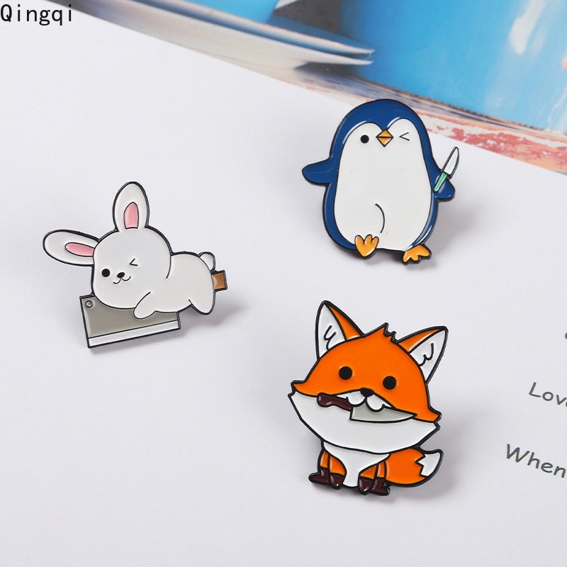 Bros Pin Enamel Desain Kartun Hewan Kelinci Penguin Katak Rubah Untuk Hadiah Anak