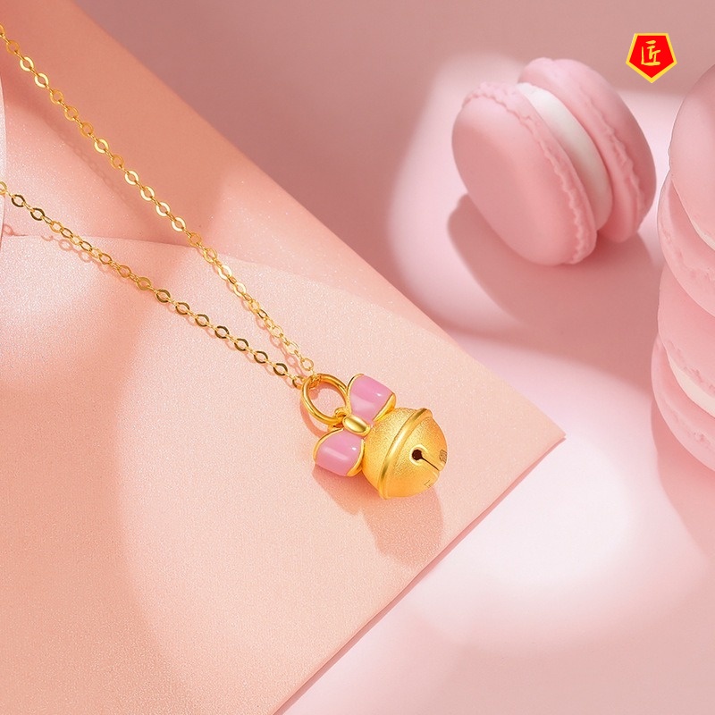 [Ready Stock]3D Golden Bell Pendant Female Lucky Beads Bow Necklace Cute Sweet