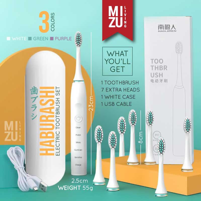 MIZU HABURASHI Electric Toothbrush Set Sonic Vibration Sikat Gigi Elektrik Dewasa USB RECHARGEABLE