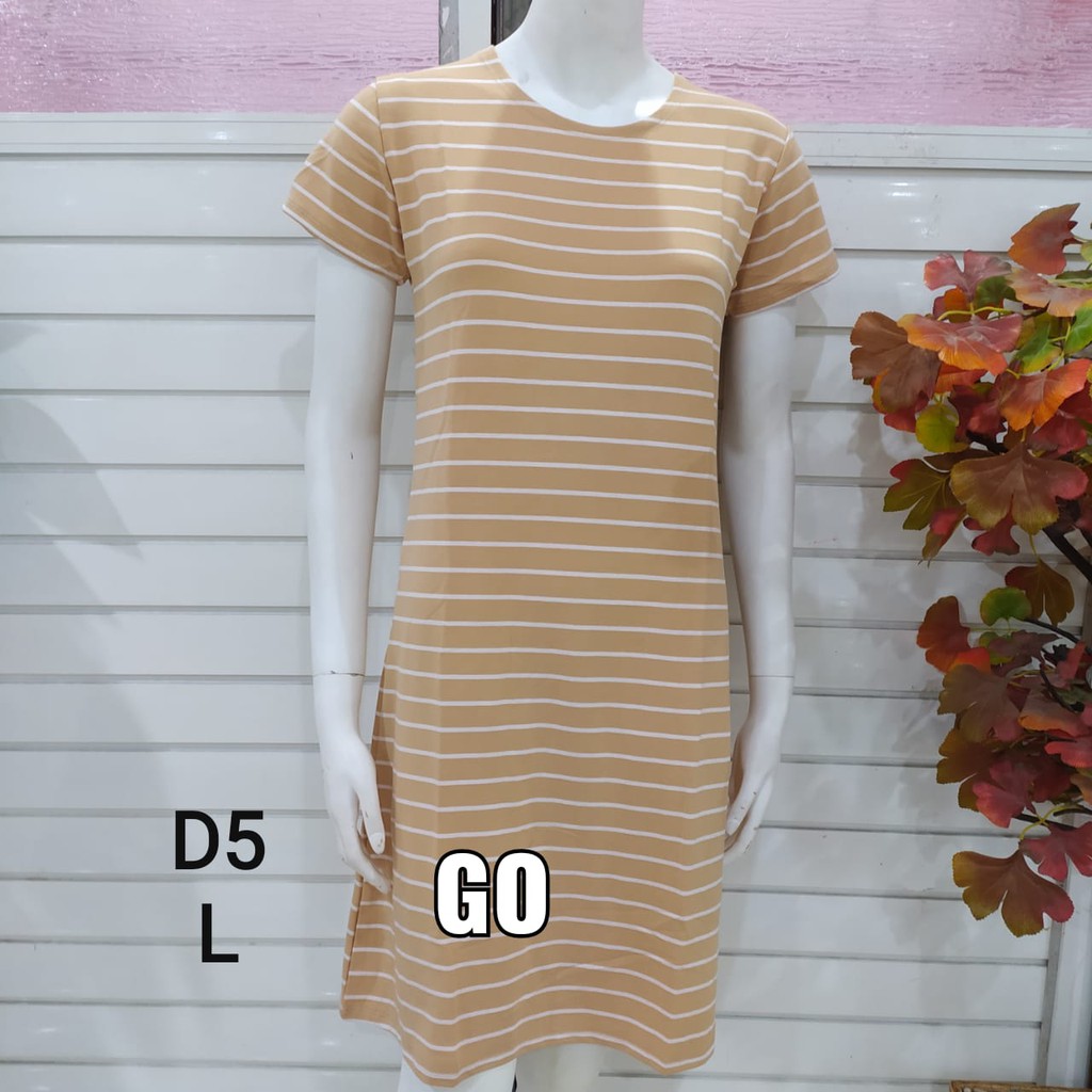 gof DS LMN DRESS/DASTER Wanita Casual Motif Garis Salur Pakaian Perempuan Lengan Pendek