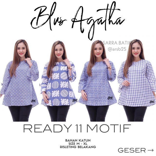 Blus Agatha Batik Blouse Sheena Blus Lonceng Lawasan Biru Cantik Kerja Seragam Batik Muslim