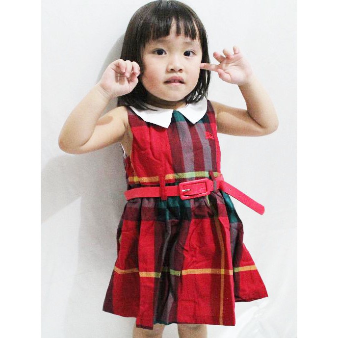 Dress kerah motif burberry + ikat pinggang
