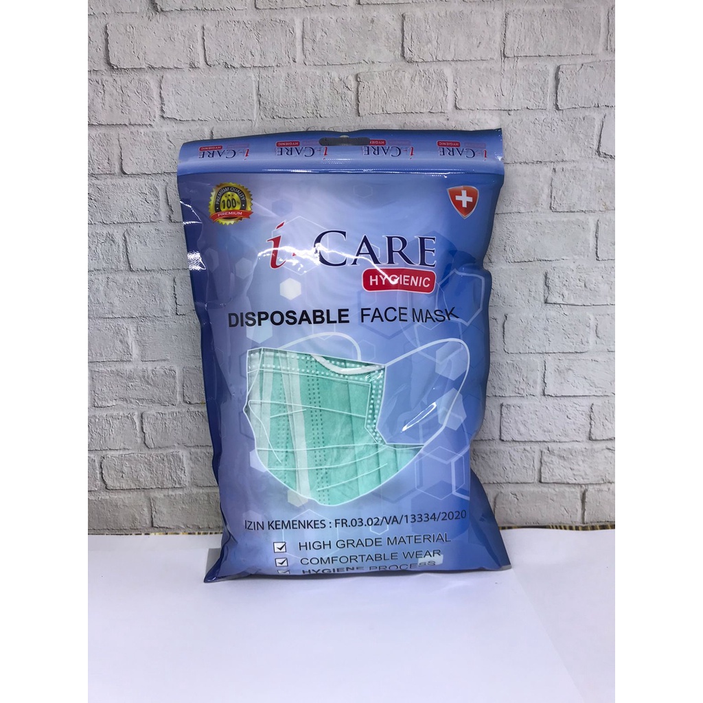 Masker 3ply Earloop Sachet EMBOSS I-Care Hygenic Isi 50pc Kemenkes