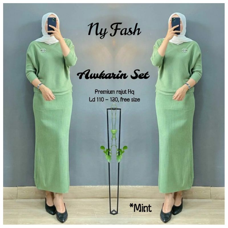 Awkarin setelan rok rajut premium / top batwing oversize + rok slimfit rajut / realpict original ber