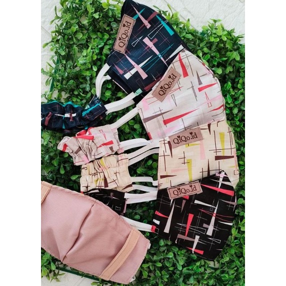 MASKER KATUN DOUBLE MASKING - MASKER ABSTRAK - MASKER BONUS PENGAIT HIJAB BY QIQO.ID