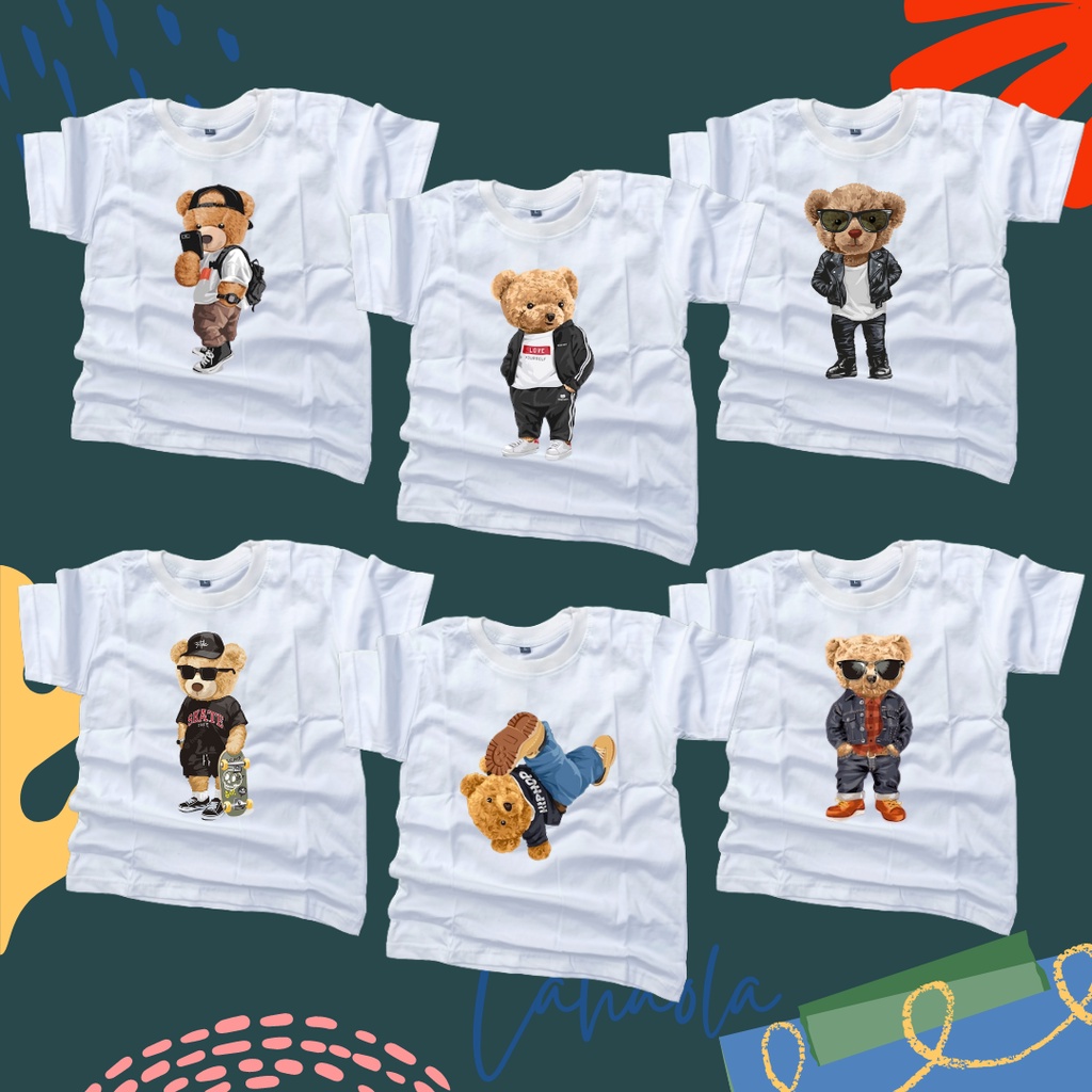 Kaos anak motif beruang bear putih 0-7 tahun katun