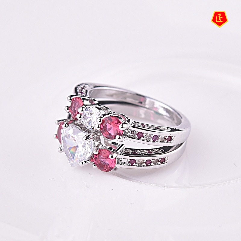 [Ready Stock]Heart-Shaped Ruby-Corundum Gem Diamond Ring Fashion Personality