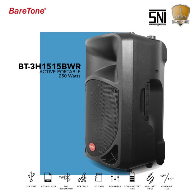 Speaker Aktif Portable 15 inch Baretone BT 3H1515BWR Bluetooth Xbass 2 Mic Wireless Original 15BWR