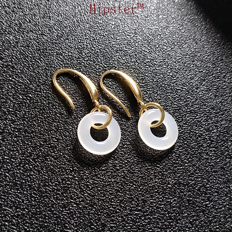 Light Luxury round White Jade Hibiscus Stone Powder Yuping Buckle Ear Hook