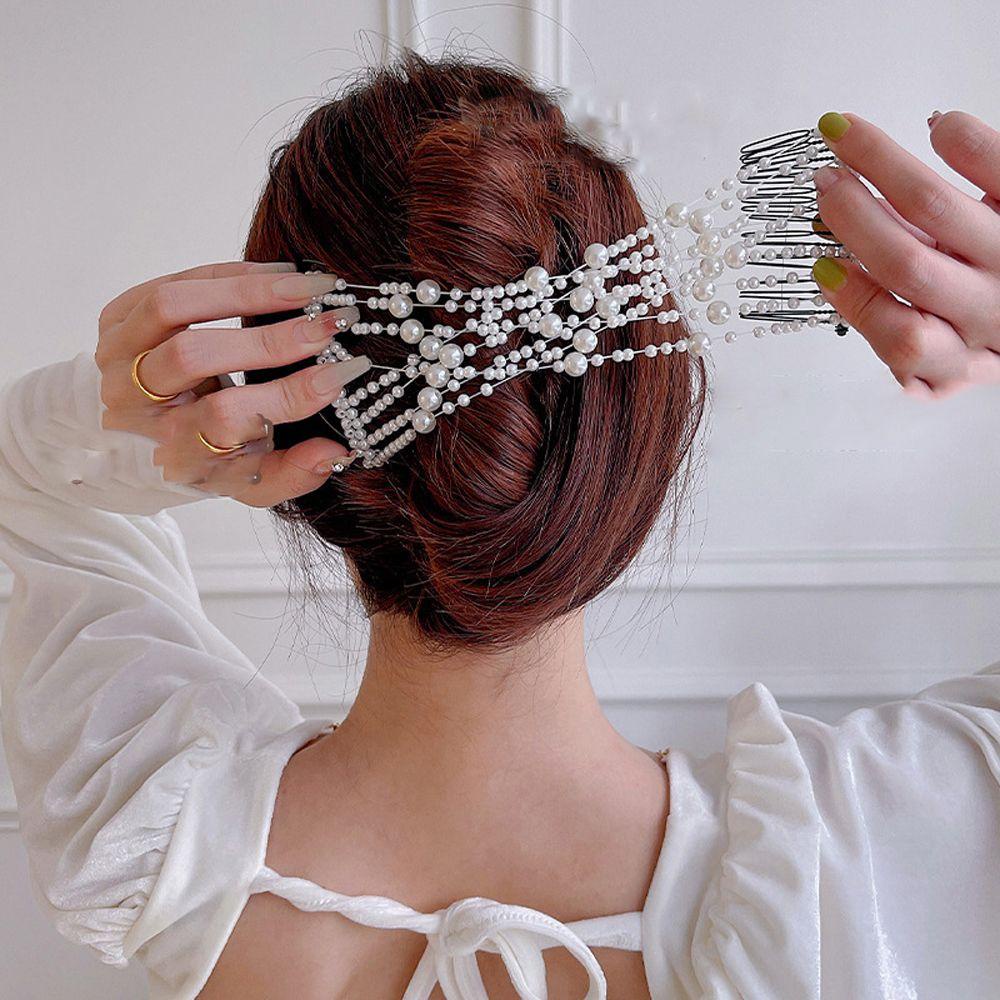 Agustinina Aksesoris Rambut Wanita Peri Prancis Mutiara Bagian Belakang Kepala Elegan Bulang Sisir Rambut