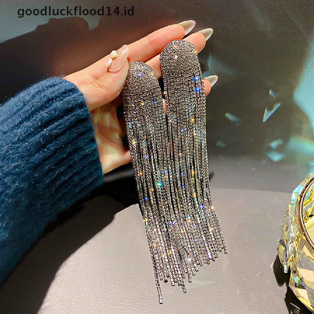 [OOID] Long Tassel Full Rhinestone Drop Earrings Ovsize Crystal Dangle ID