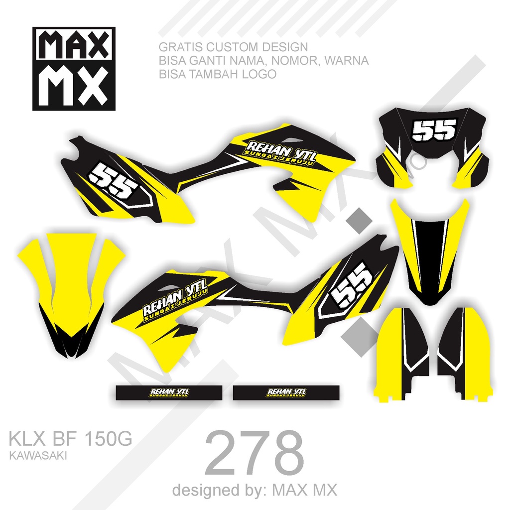 DECAL STIKER MOTOR KLX BF 150 G MOTIF KUNING STRIP PUTIH SIMPLE